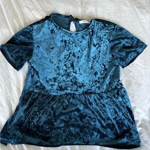 Mango Blue Velvet Peplum Blouse Short Sleeve